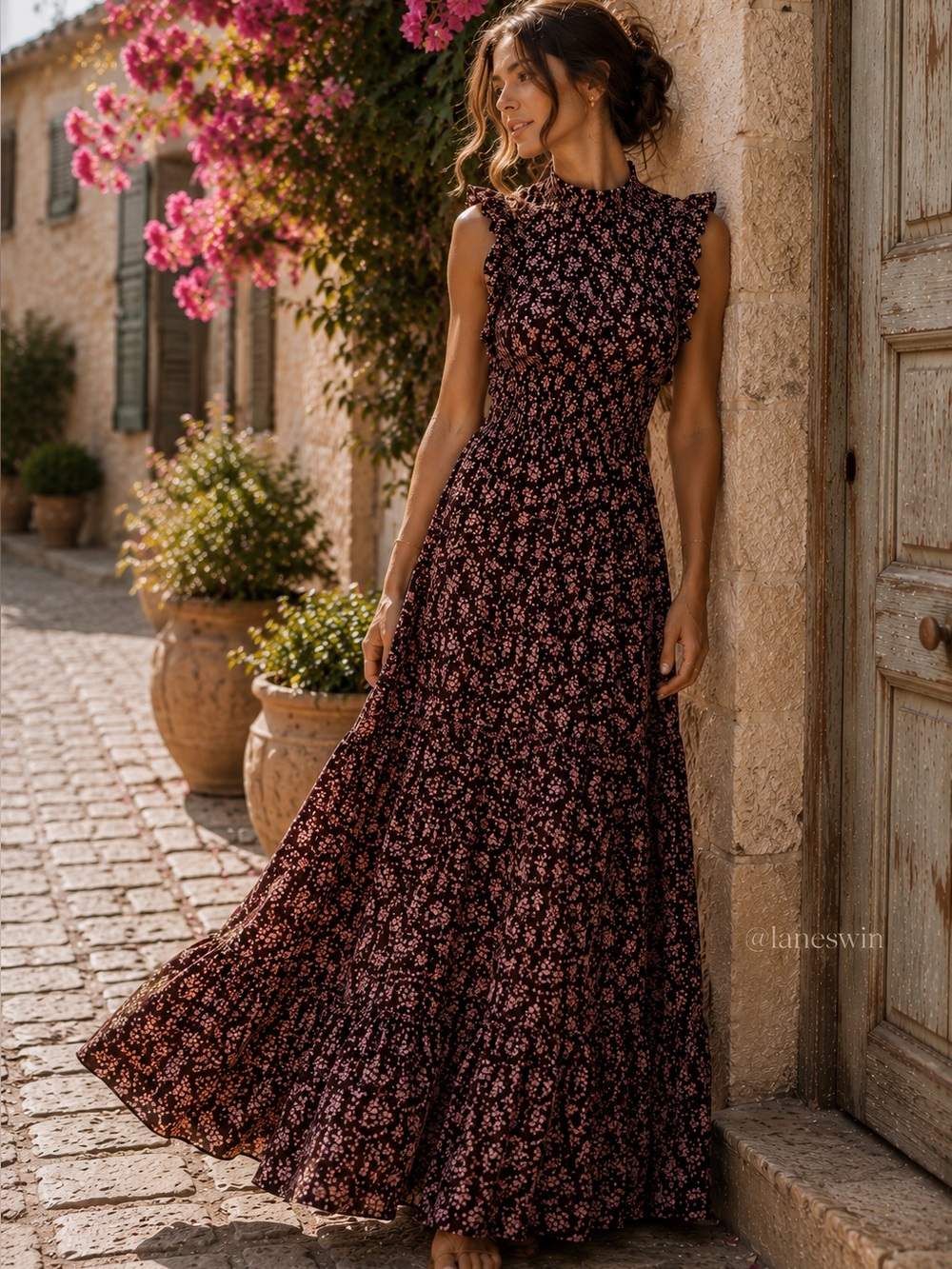Caroline Constas Floral Ruffle Smocked Maxi Dress Brown Pink NWT - Picture 1 of 10